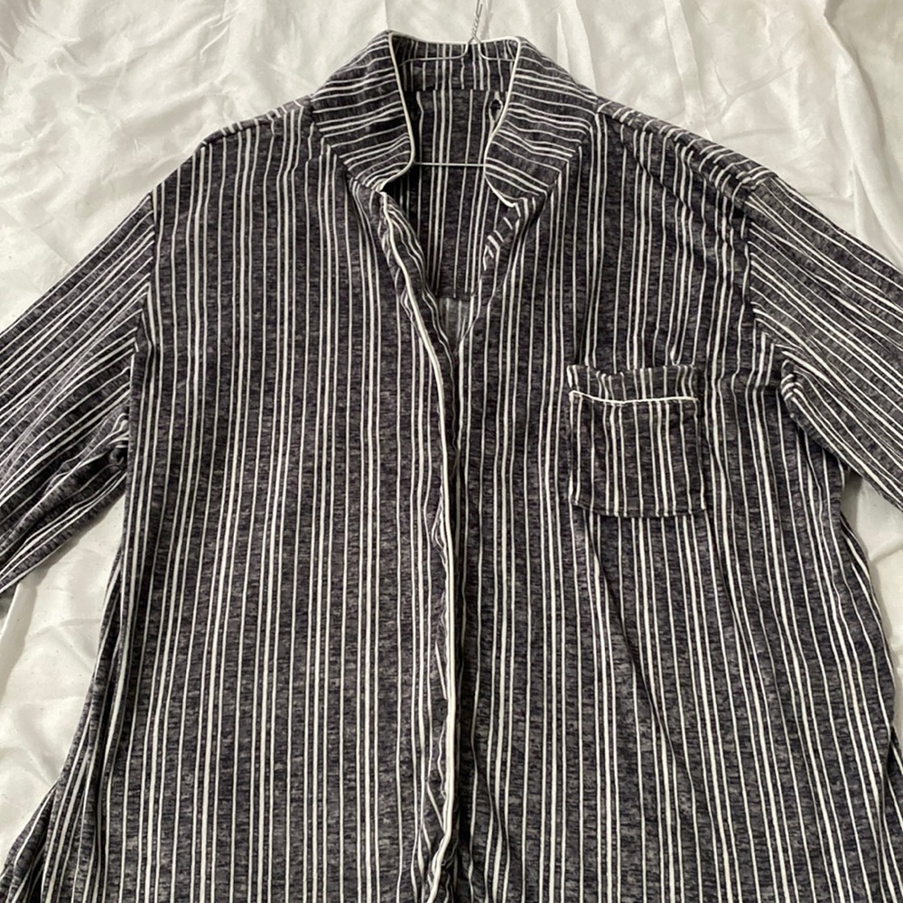 X-Large Striped Loungewear Long Sleeve Shirt Matching Wide Pants Gray White
